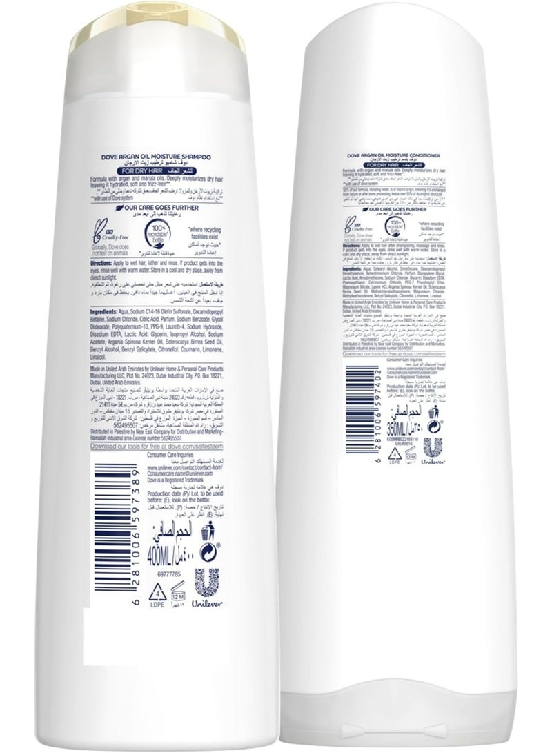 Dove Shampoo hydrates dry hair, leaving it soft and frizz-free for up to 72 hours, Argan Oil Moisture, no dyes, parabens or sulfates, 400ml + Conditioner, 350ml - Image 2